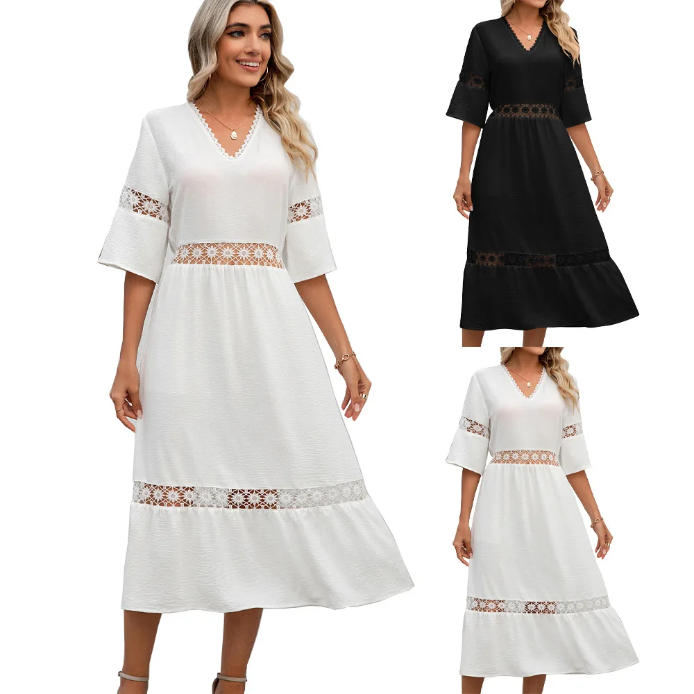 

New Temperament And Fashion Commuting Long And Ankle-length Solid Color V-neck Hollow Lace Stitching Sleeve Loose Dress