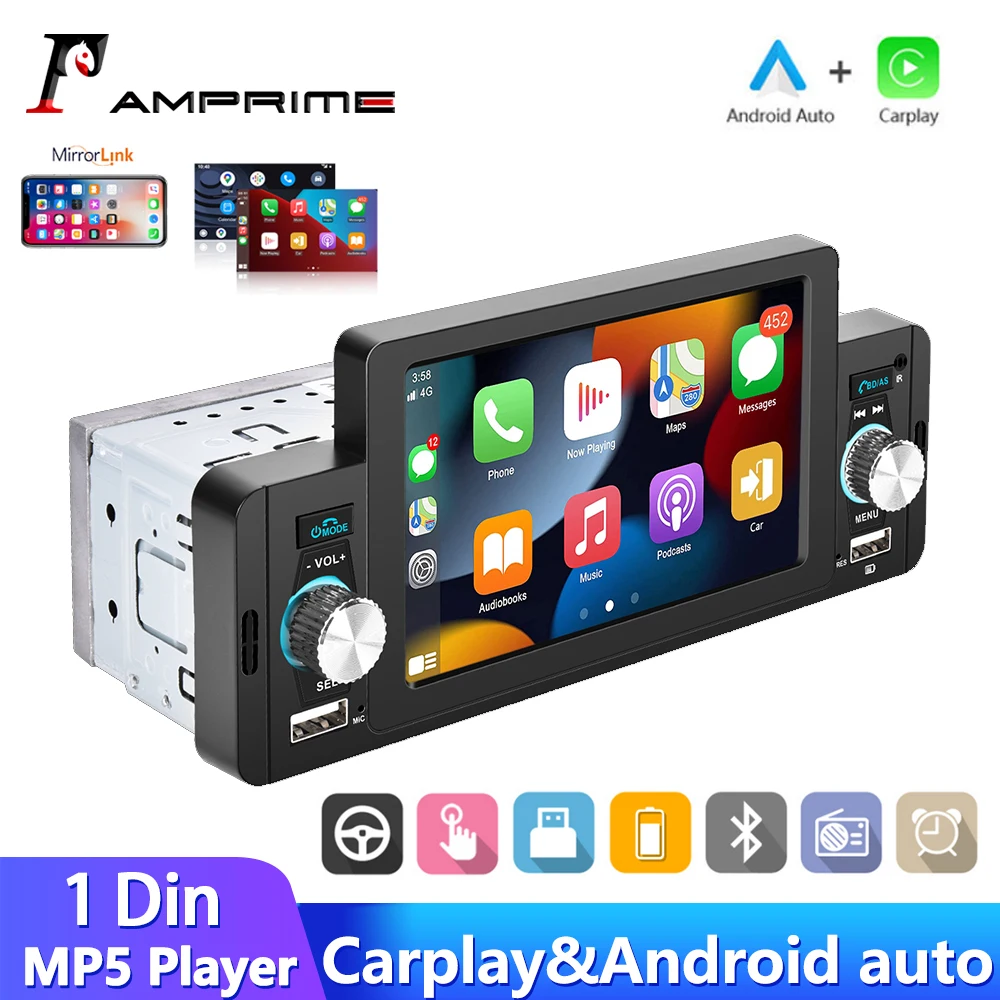 AMPrime Android 1 din Car Radio 7'' HD Retractable Touch Screen