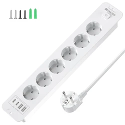 European Power Strip with Built - in USB Fast Charging and 2m Cable - 6AC white