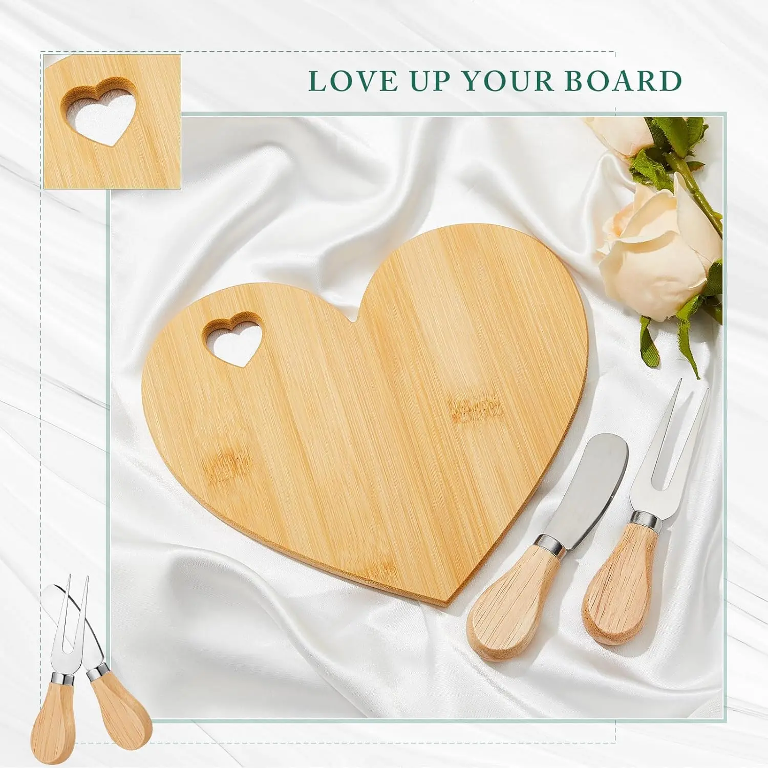 50 Set Bridal Shower Favor Heart Cheese Board Cheese Knives Wood Mini Charcuterie Board Thank You Gift Box