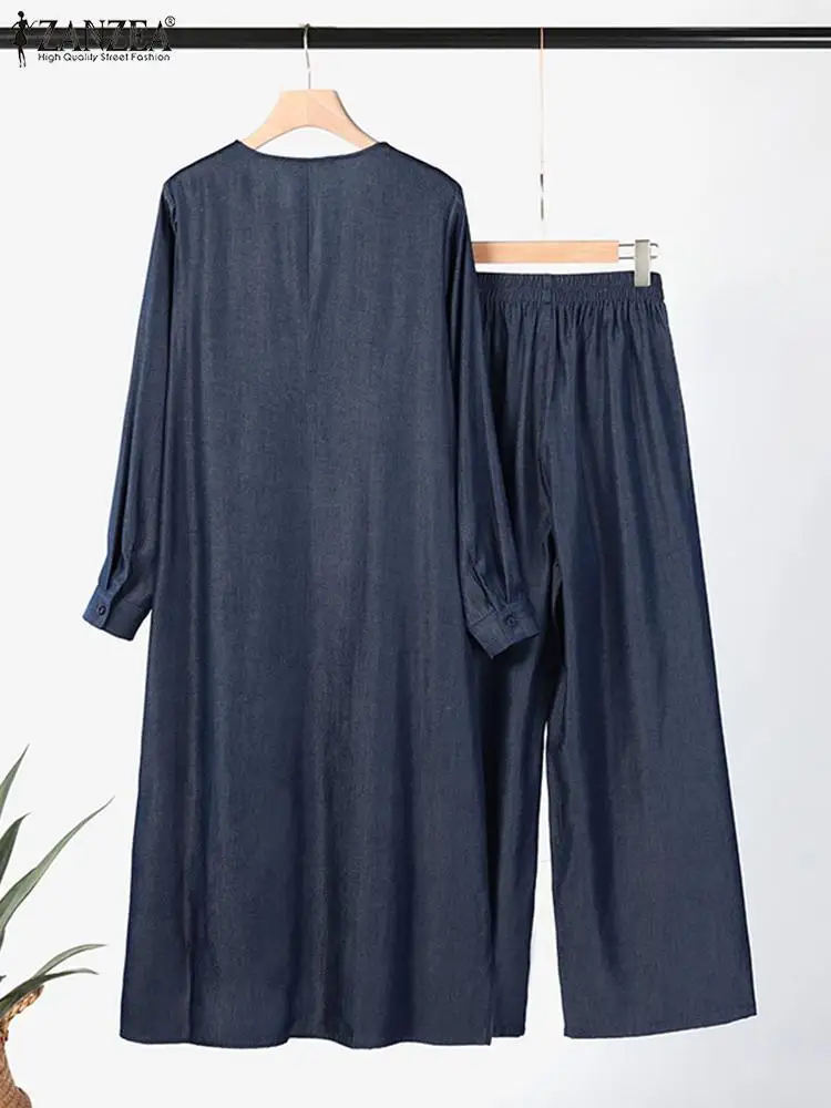 2023 ZANZEA Spring Women Solid Muslim Sets Long Sleeve Tops Wide Leg Pant 2PCS Casual Suit Casual Loose Party Outifits Oversized