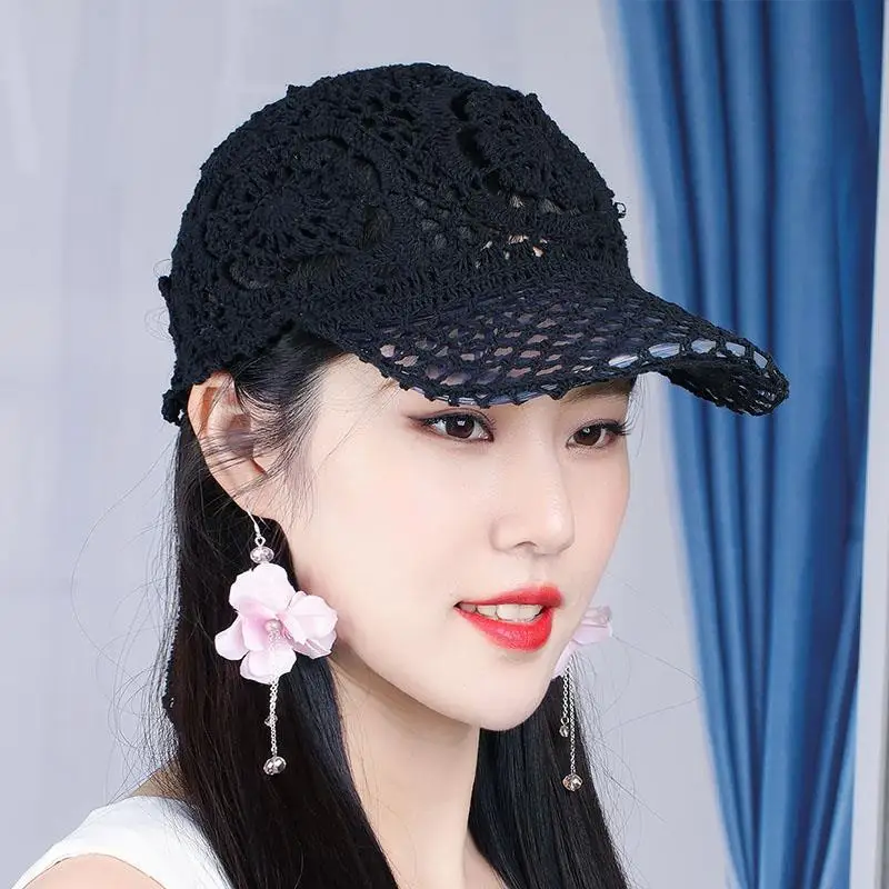 Summer Thin Hollow Hook Flower Hat Elegant Ladies Casual Peaked Cap Fashion All-match Simple Outdoor Street Sweet Baseball Caps