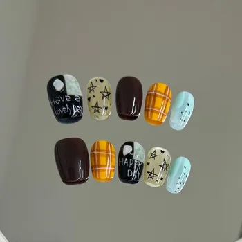 10PCS Cute Short Coffin Press on Nails with Hand-drawn Star Checkered Patterns Handmade Fake Nails Mixed Color Sweet Cool Nails