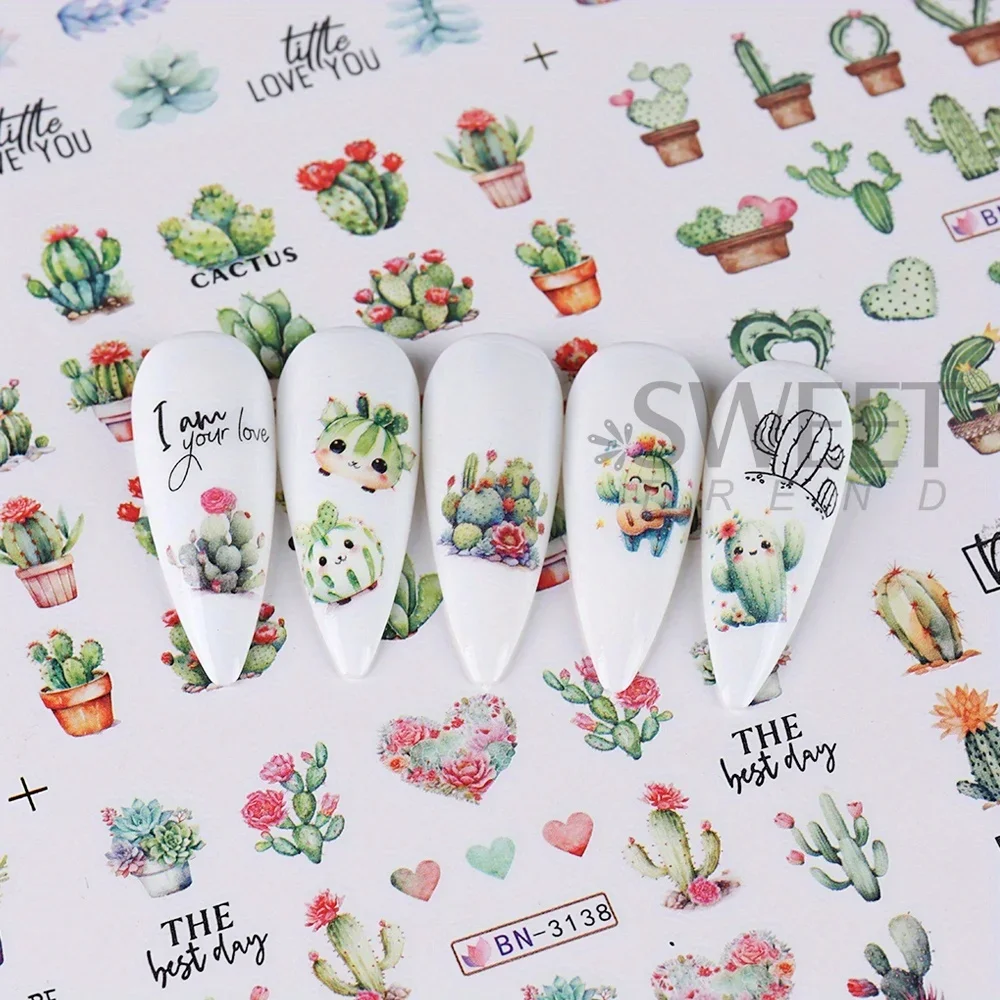 12 Design Green Cactus Nail Art Water Sticker Decal For Nail Art Decoration Plant Spring Cute Cactus Leaves Design Manicure Tips