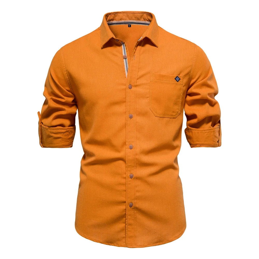

AIOPESON 100% Cotton Social Men's Shirts Single Pocket Solid Color Long Sleeve Shirts for Men Turn-down Collar Blouse Spring Men