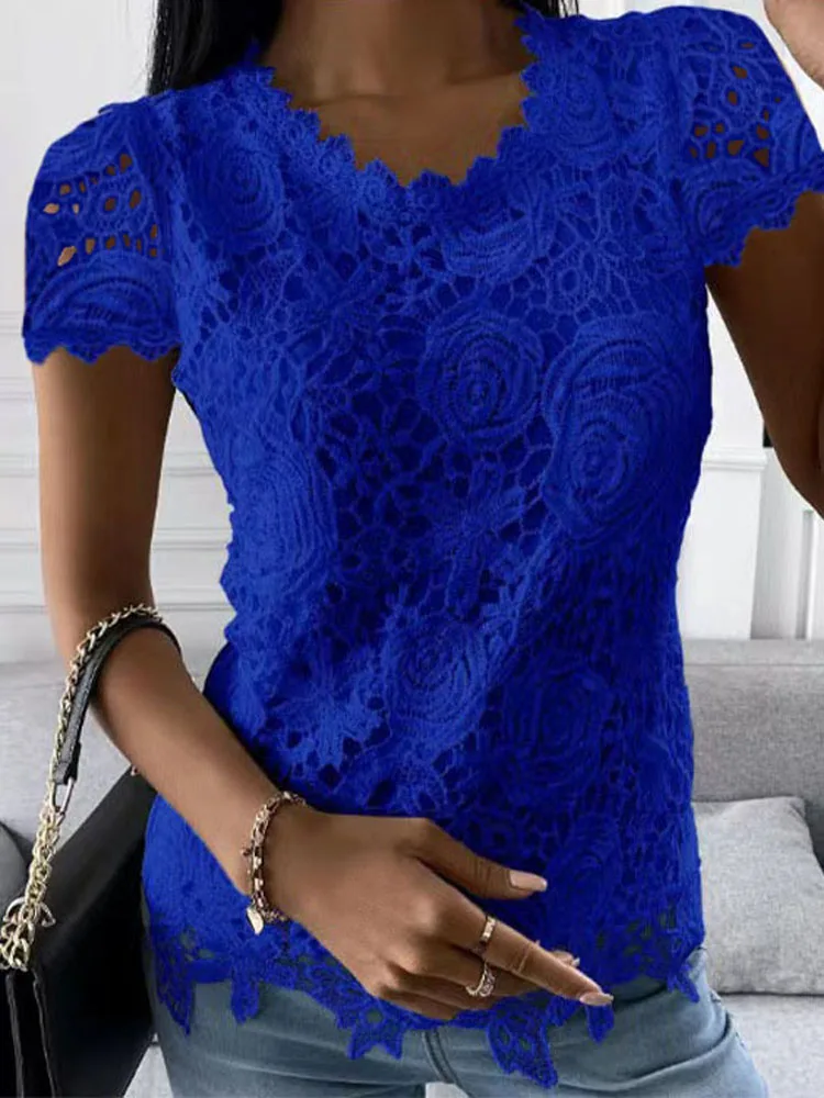 Women Summer Lace Crochet Short Sleeve Loose Tshirt