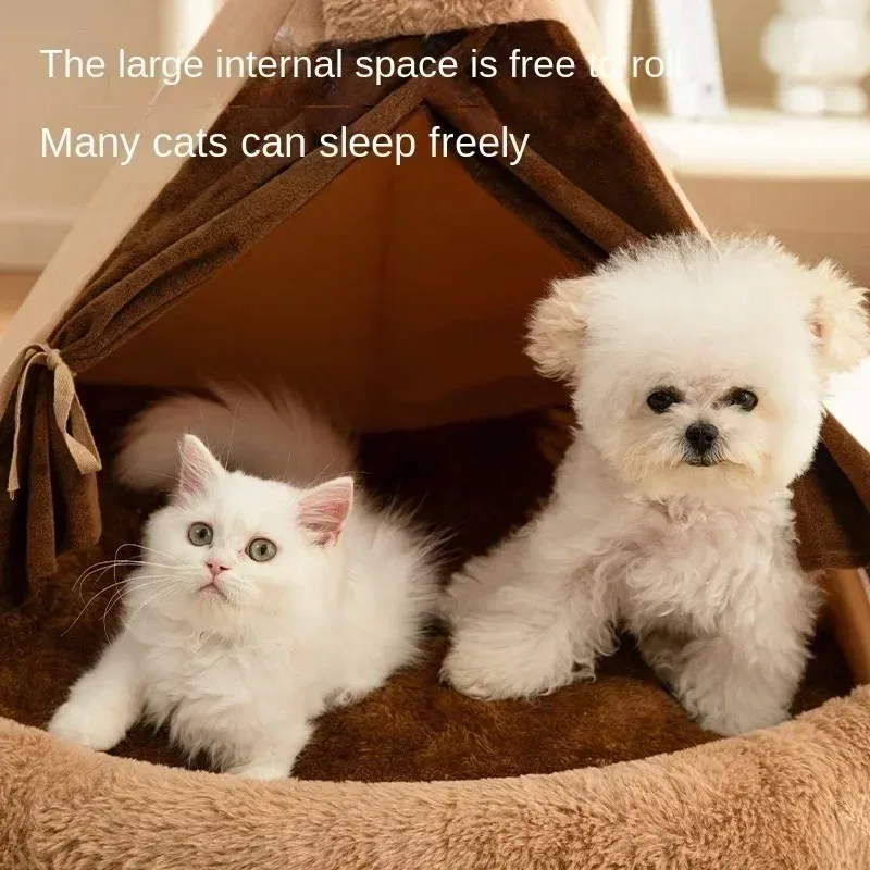 Cat House Bed Cat Nest Puppy Teepee Dog Tent with Cushion for Cats Kitten Small Dogs Puppies Pet Winter Warm Plush Enclosed Bed