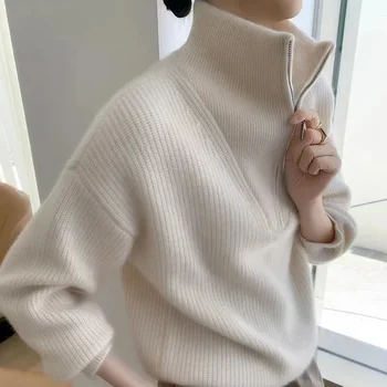 Women's Cashmere Sweater with Vertical Lapel Thick Semi-Zipper Lazy Fit for Autumn Winter New Arrival 1