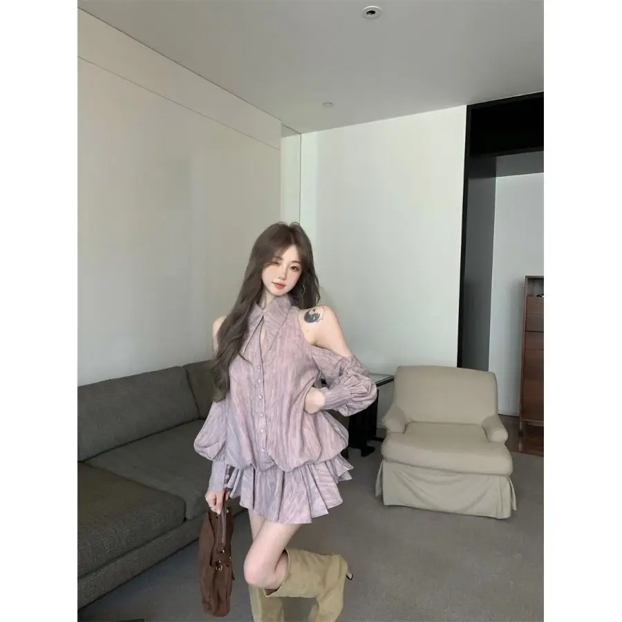 Nicemix Abito camicia a maniche lunghe con colletto polo per donna Autunno nuovo elegante mini abito a pieghe a trapezio casual con spalle scoperte - immagine 2