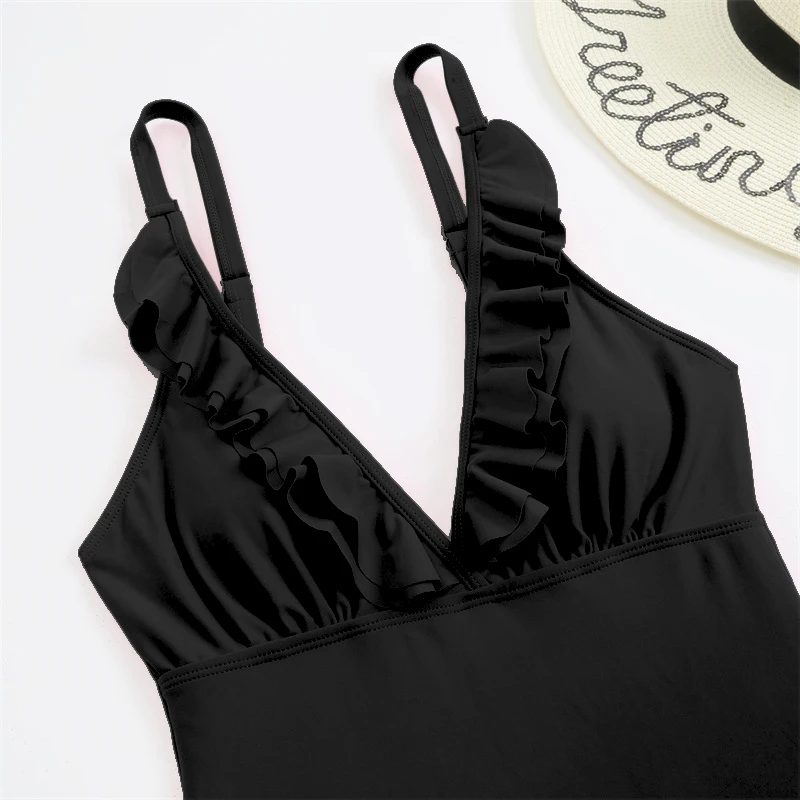 One Piece Swimsuit For Women Swimwear New Monokini Sexy Solid Black Ruffled Beachwear Bathing Suit Female Clothing Summer