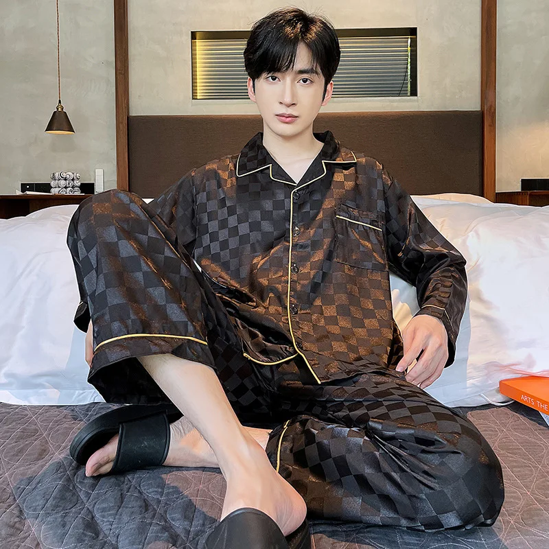 Spring Autumn Men's Thin Imitation Silk Pajamas Long Sleeve Jacquard Cardigan Pants Casual Loose Fitting Home Clothing Set