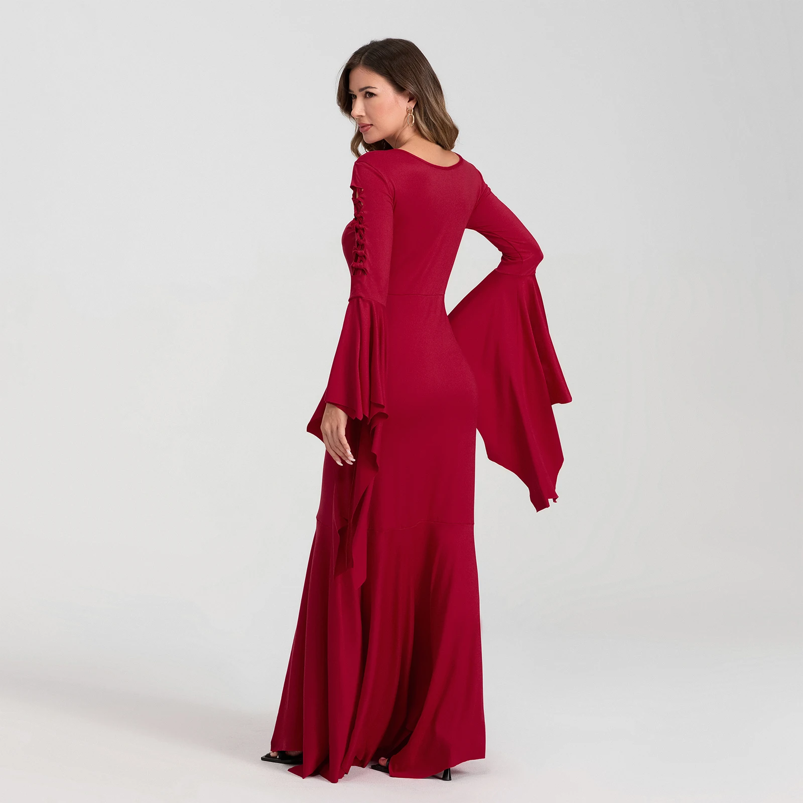 Women Halloween Vampire Cosplay Costumes Cut-out Cross Lacing Long Sleeves Bodycon Floor Dress Gothic Cosplay Outfits