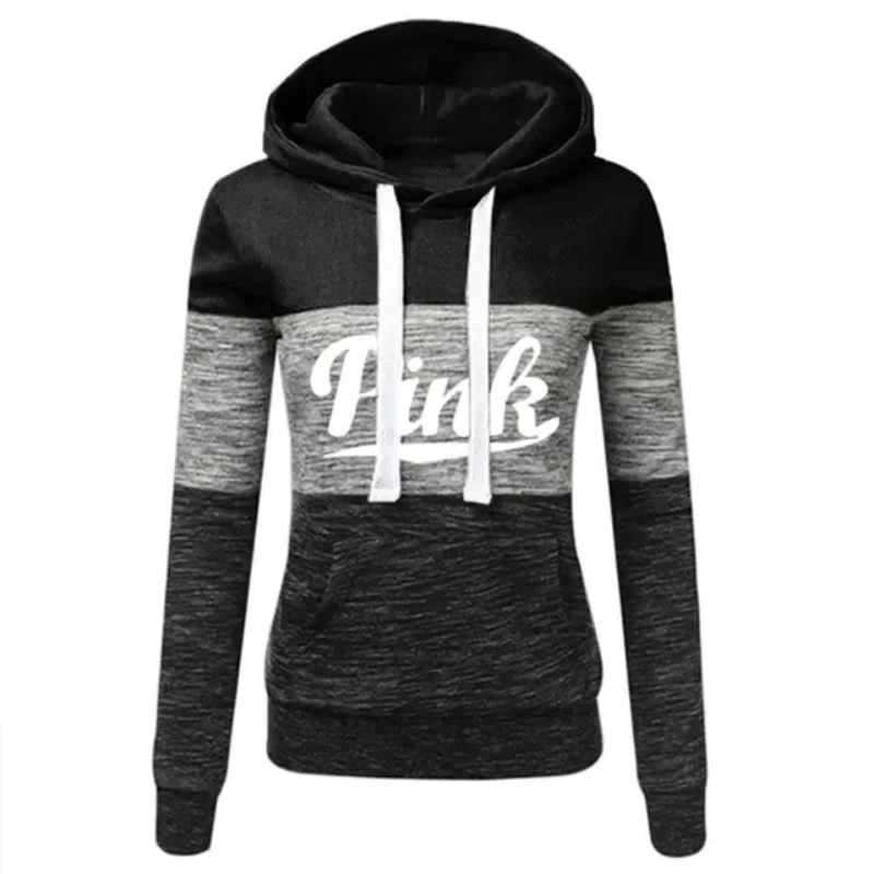 Pink Letter Print Womens Tracksuit Tri Color Splicing Hooded Sweatshirts Fashion Trend Pullover Street Warm Casual Clothing 4