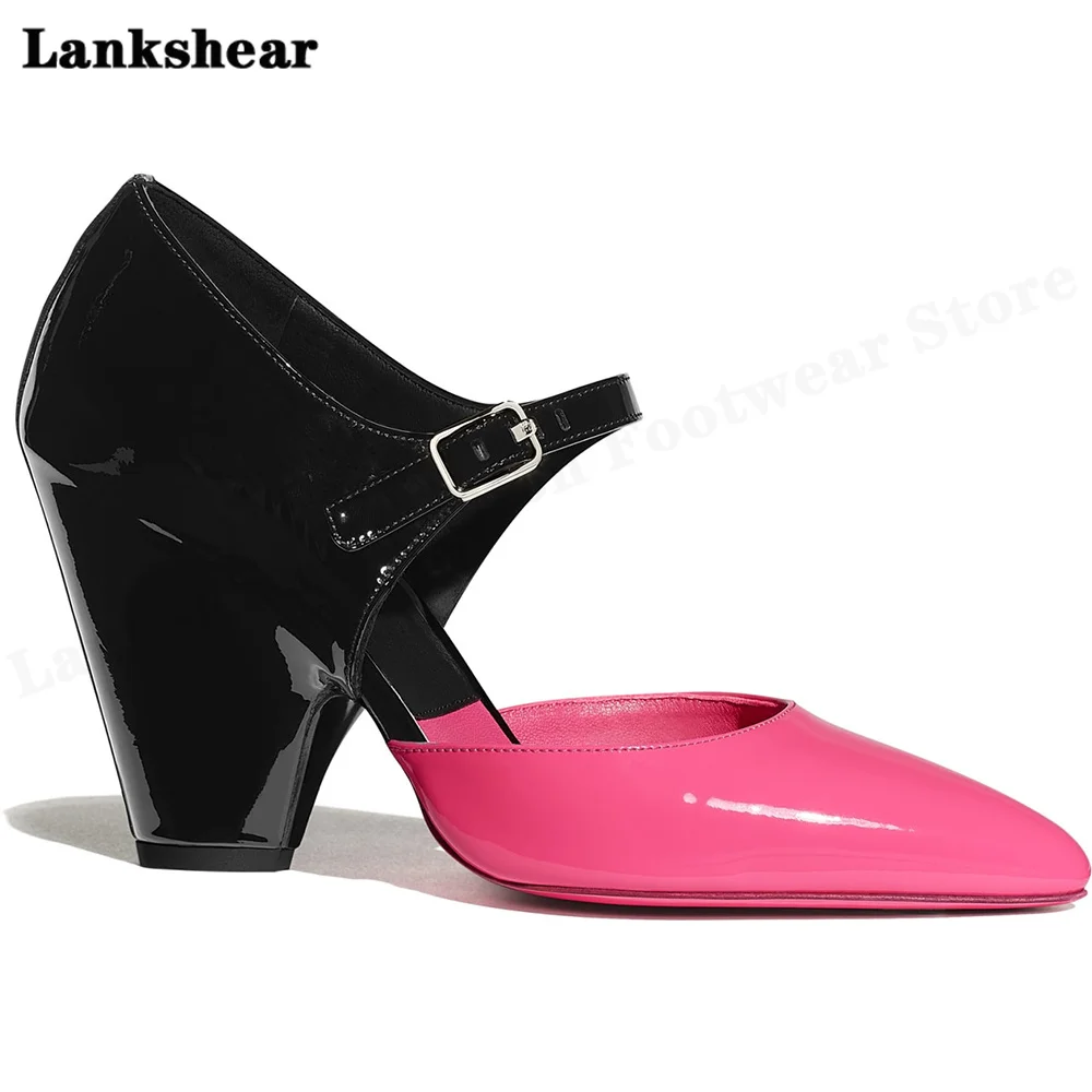 

Patent Leather Mixed Color Mid-Heel Shoes Fashion Ladies Shoes Hollow Pointed Toe Chunky Heel Women's One-Word Belt Shoes 34-43
