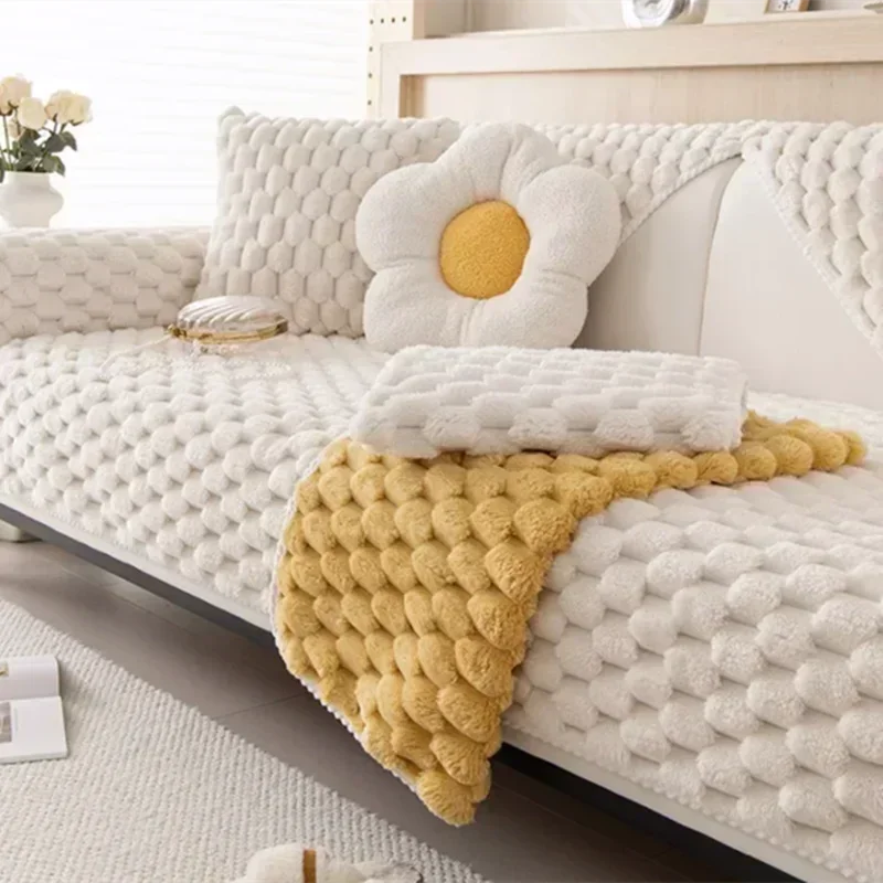 Pink Honeycomb Shape Thicken Sofa Towel Winter Plush L Corner Universal Sofa Cover Soft  Non-slip Couch Cushion Living Room  Mat 3