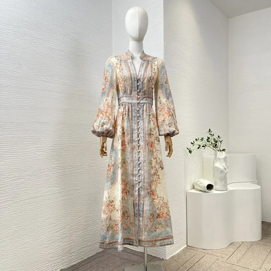 

Top Quality 2023 New Linen Court Style Women Fashion Clothing Elegant Long Lantern Sleeve Floral Print Waist Midi Dress