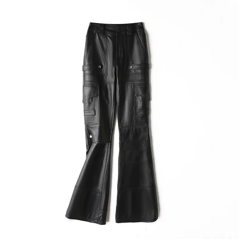 2023 Women Spring Genuine Sheepskin Leather Pants Slim Boot Motorcycle Cargo Pants E26