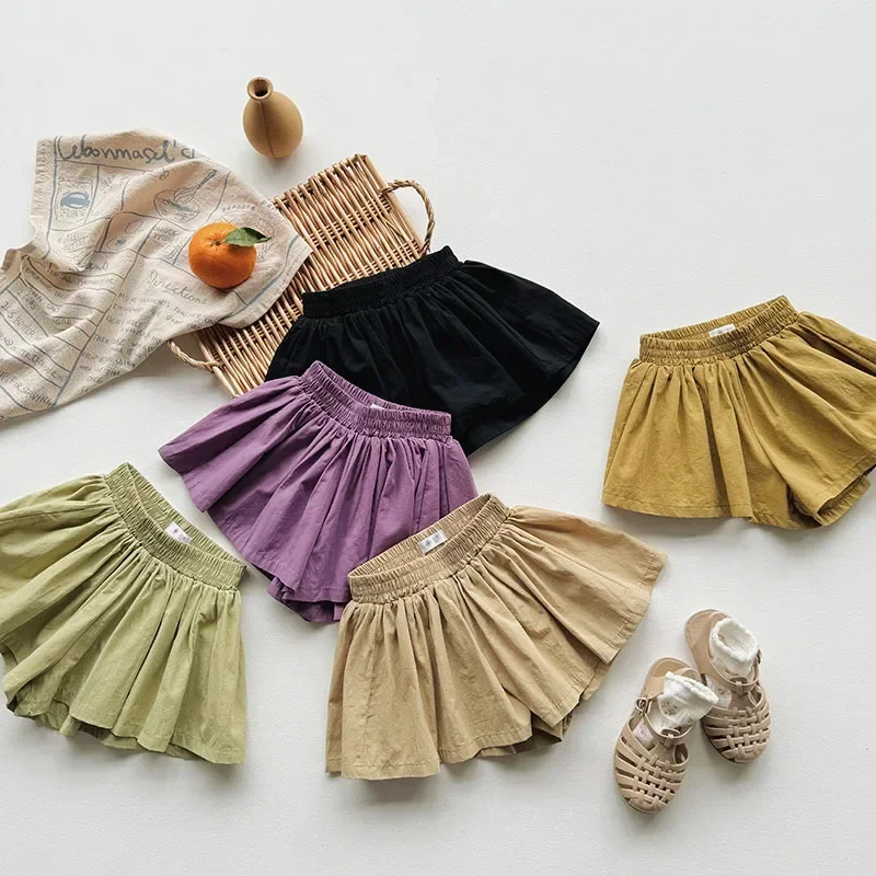 Baby Girls Shorts Skirts Summer Casual Pleated Elasticity Waist Shorts Kids Clothing Solid Color Kawaii Children Pants