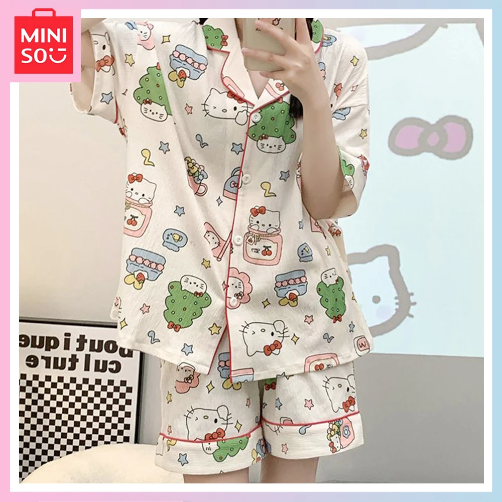 

Miniso Cartoon Pajama Women Summer Thin Cute Sweet Hellokitty Print Short Sleeve Shorts New Home Wear Set Can Be Worn Outside