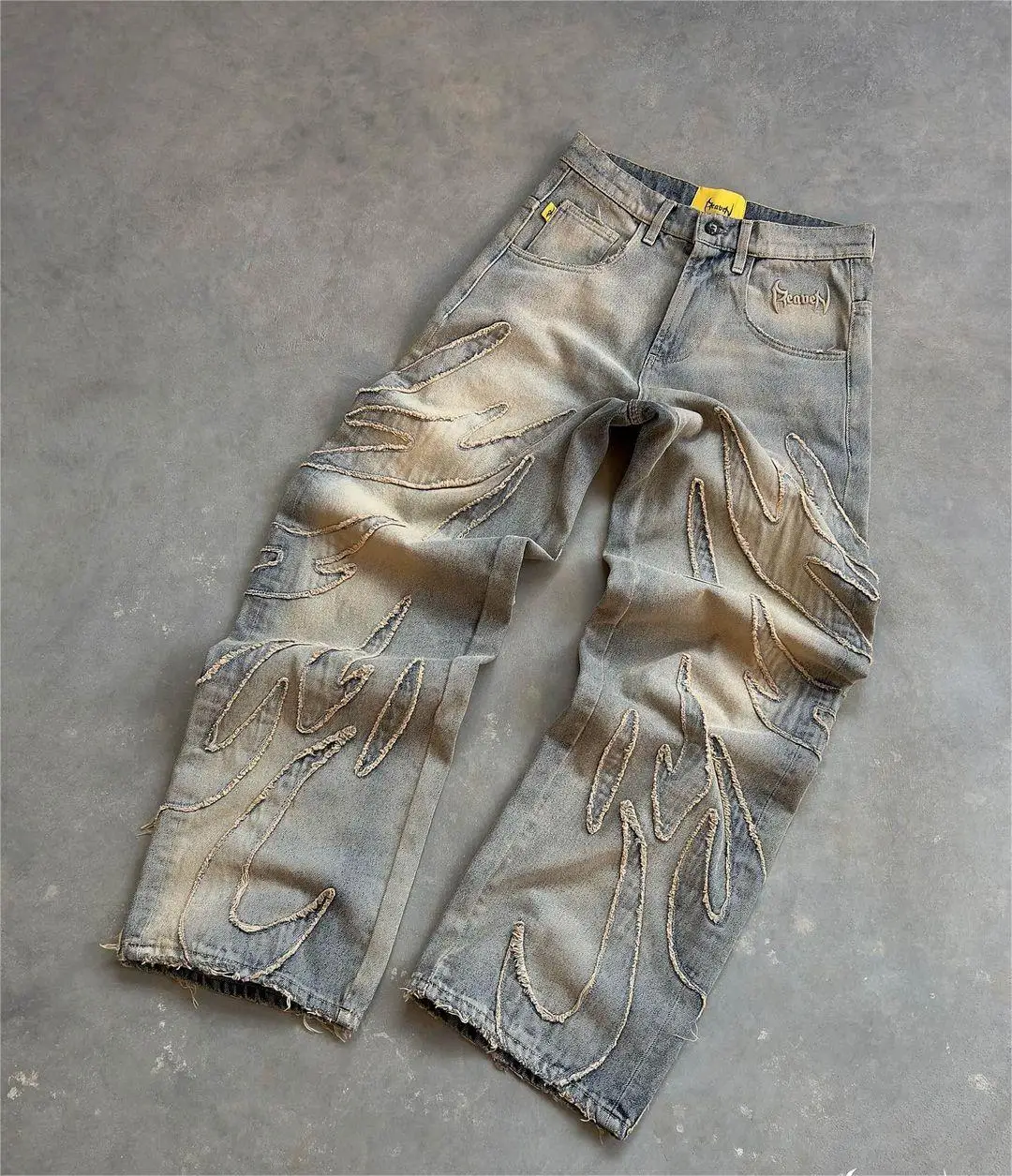 Pantalones vaqueros holgados negros retro Y2k para hombre, estilo hip hop, punk, con bordes sin rematar, bordados, pantalones vaqueros de cintura alta con diseño vintage de patchwork