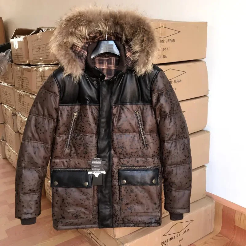 

new 2023 winter men's duck down coat genuine cow leather real raccoon fur hood jacket for male warm parka plus big size xxxl 3xl