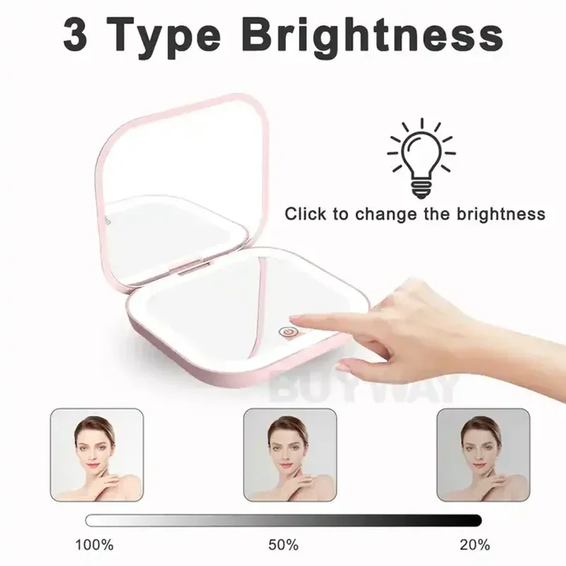 조명이있는 소형 소형 미니 여행 접이식 화장대 화장품 거울 휴대용 휴대용 포켓 LED 메이크업 거울 2X 확대