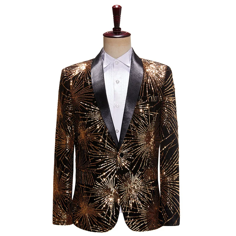 

Men Sequin Blazer Black and Gold Suit Jacket Men's White Graphic Pattern Costume Bar Stage Show Outfits Host Singer