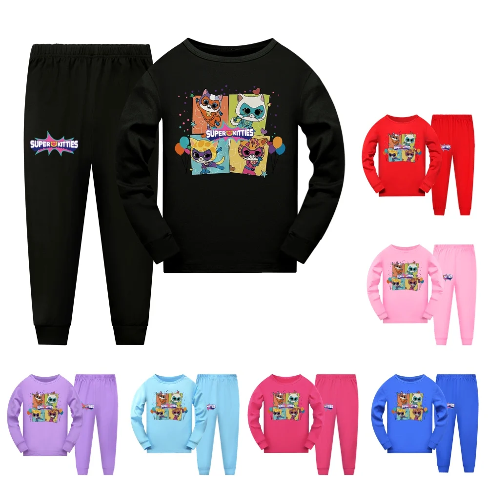 

New Super Kitties Child Pajamas Kids Sleepwear for Boys 2-16 Years Baby Cotton Clothing Sets Autumn Nightwear Teen Pyjamas Girls