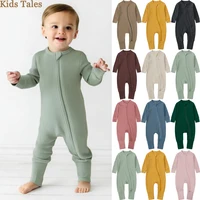 2025 Summer and Autumn Infant Boy Onesies Toddler Solid Color Zipper Newborn Romper Long Sleeve Ribbed Baby Clothes Kid Pajamas