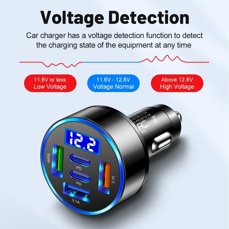 66W 5/6Port USB Car Charger Fast Charge Digital Display Monitoring Chargers For IPhone Samsung Xiaomi Cigarette Lighter Adapter