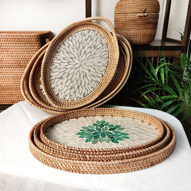 Rattan Basket HandWoven Fruit Storage Breakfast Severing Tray Drinks Snack Coffee Platters Bread Plate Home Tableware Organizer 2