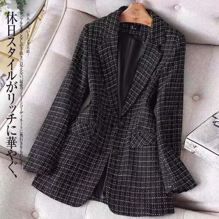 Primavera e Outono Terno Xadrez Feminino Tamanho Grande 2022 Nova Versão Coreana Moda Preto Pequena Fragrância Jaqueta Casual Solta 11 Computers & Electronics