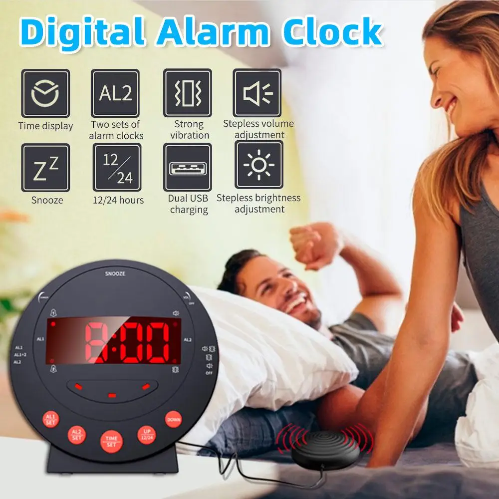 

LED Loud Alarm Clock 3 in1 Flashing Light Powerful Vibration Clocks with Bed Shaker USB Charger Vibrating Alarm Clocks