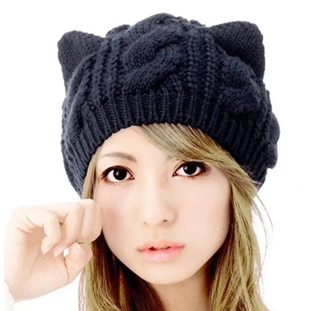 Solid Color Warm Cat Ear Knitted Hats Crochet Lugs Anime Beanies Women's Winter Hat Gilrls Kawaii Bonnet Femme Wool Cap 모자