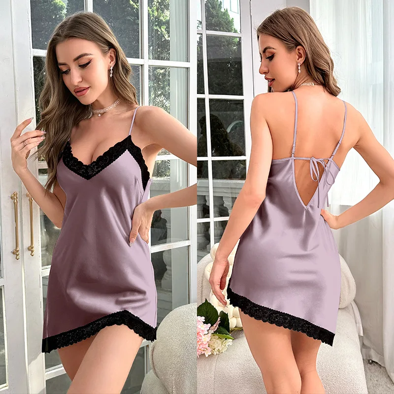 New Ice Silk Pajamas Women's Home Fur Open Back Hollow out Women's Suspended Sleeping Dress