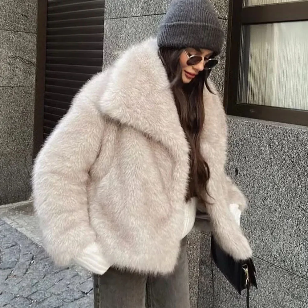 TRAF Womens Coats Winter Cropped Faux Fur Coat Women Autumn Long Sleeve Fluffy Black Jacket Outerwears Warm Plush Short Coats 2