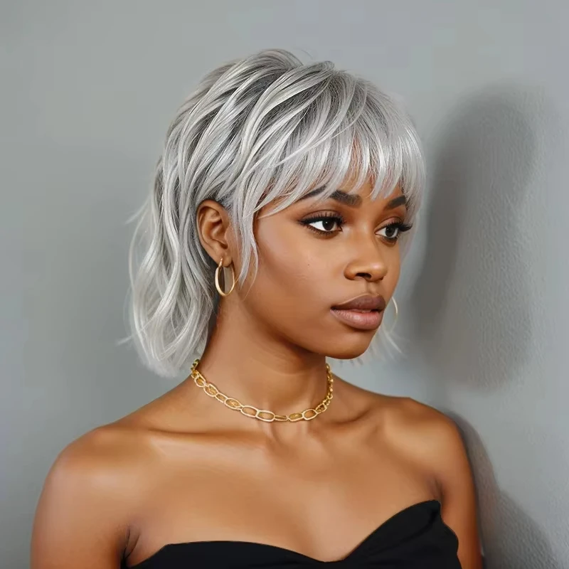 Silver Short Wig Layered Mullet Pixie Cut Wavy Wigs 100% Human Hair