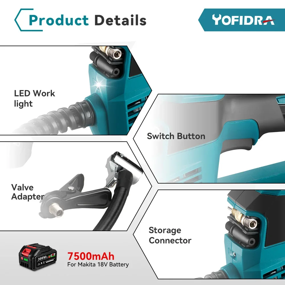 Yofidra-Bomba Inflável Elétrica Sem Fio, Alta Pressão, Display Digital, Air Car Ferramenta Pneumática, Makita 18V Bateria