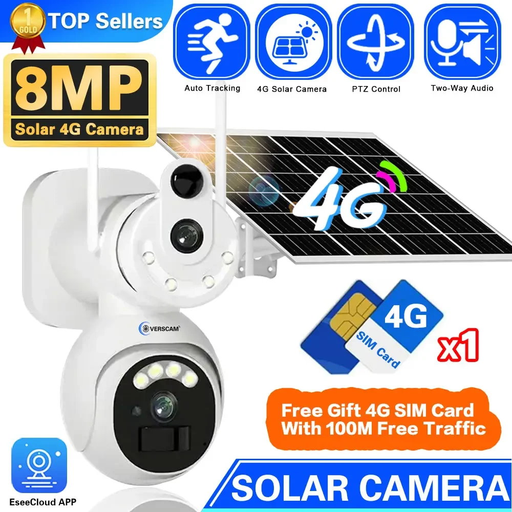 

4G SIM Card Solar Camera 360 IP Camera 8MP 4K CCTV Battery Cameras Outdoor Dual Lens Smart Home CCTV Security Surveillance Solar