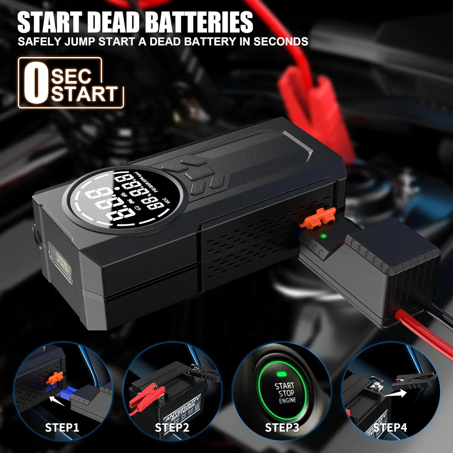 Jump Starter with Inflator Wireless Car Tire Inflator Inflating Pump Portable Auto Stop 150PSI Emergency Power Supply