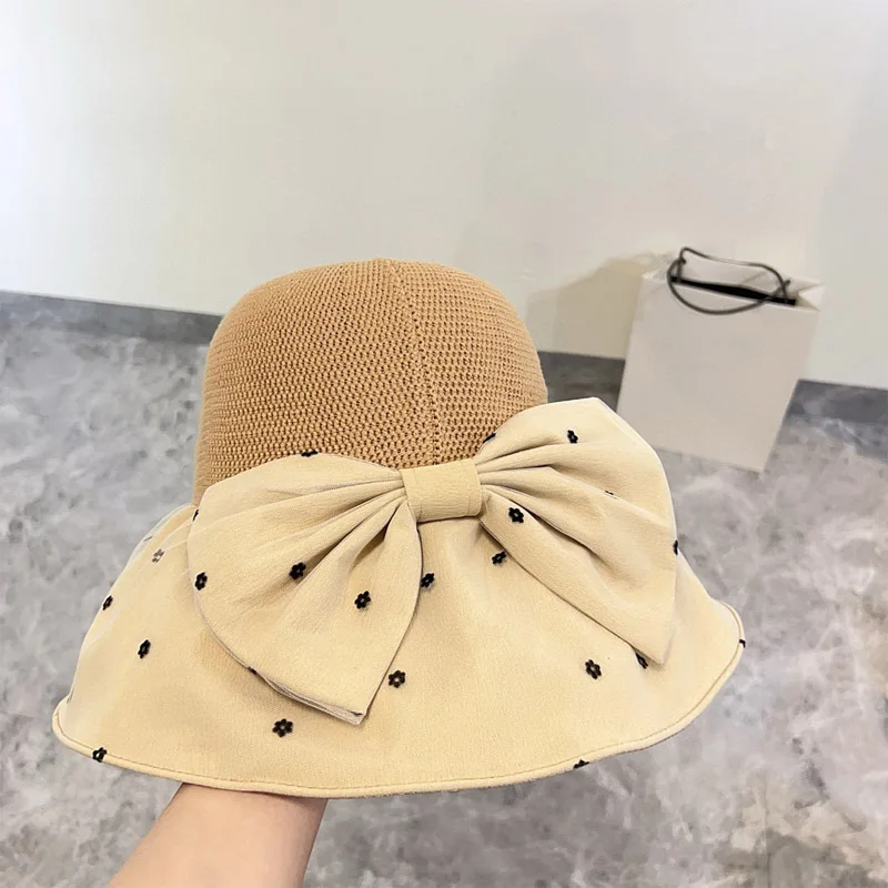 

French Fashion Hat Art Retro Small Fragrant Wind Women Woven Fragrant Flower Bow Big brim Fisherman Sun Hat