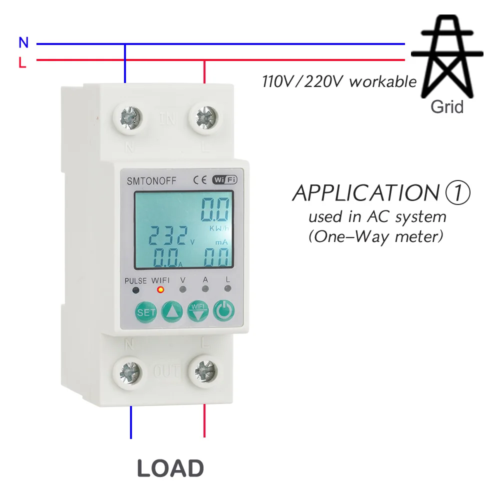 Tuya WiFi 2P 63A Bi-directional Measuring Prepaid kWh Meter Auto-reclosing Over