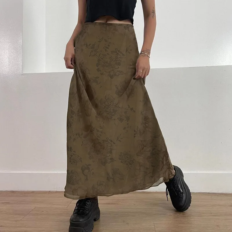 Falda larga Y2K para mujer, ropa vintage, estampado floral, cintura alta, faldas de malla, faldas grunge de los años 2000, ropa de fiesta, ropa de calle