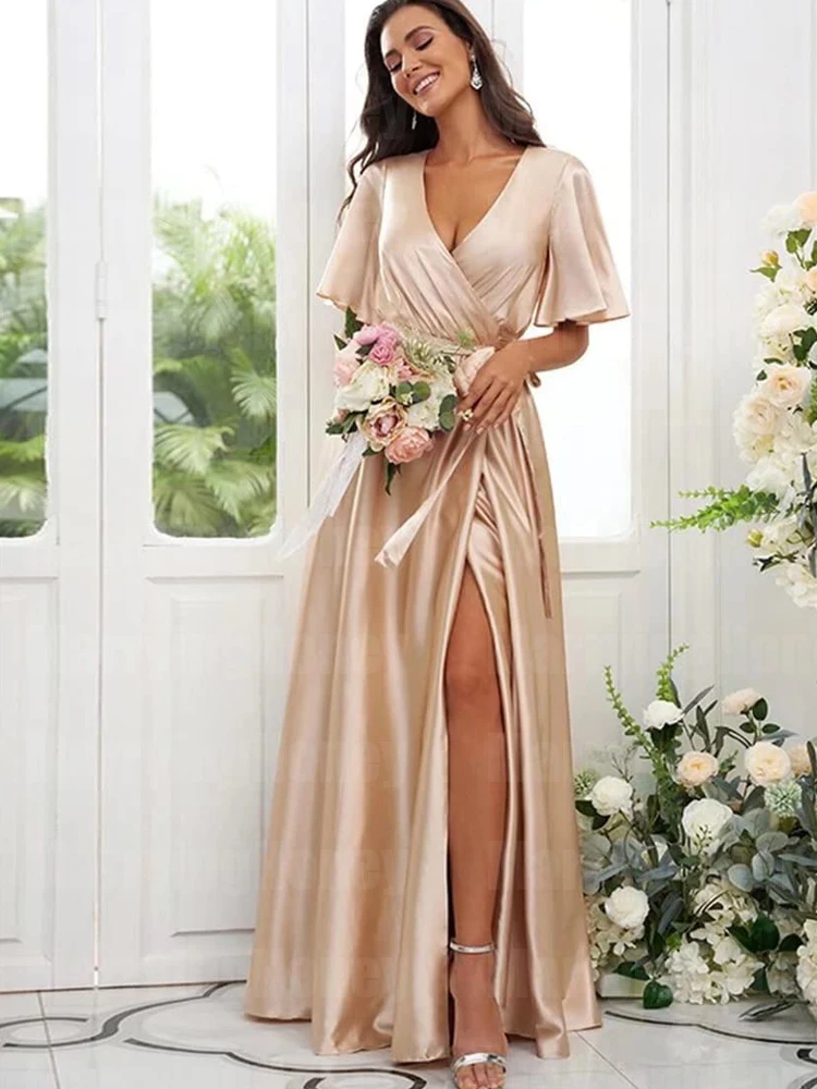 

Short Sleeve Satin Bridesmaid Dresses V Neck A Line Formal Dresses with Slit