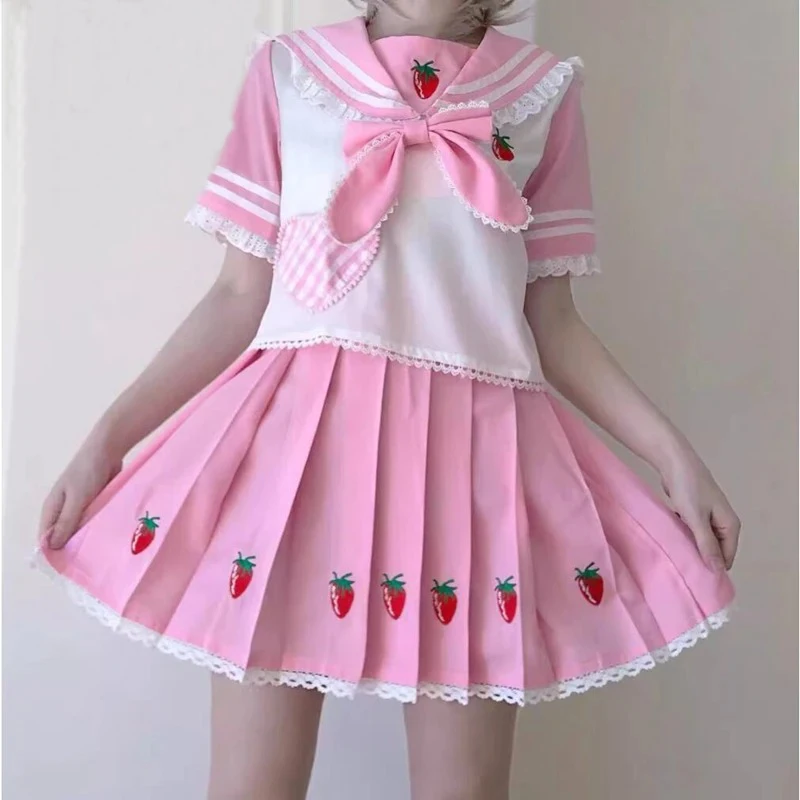 Two Piece Japanese Sweet Lolita Jk Sets Pleated Skirt Women Kawaii Y2k Cute Preppy Style Sailor Collar Top+Skirts Matching Sets 2