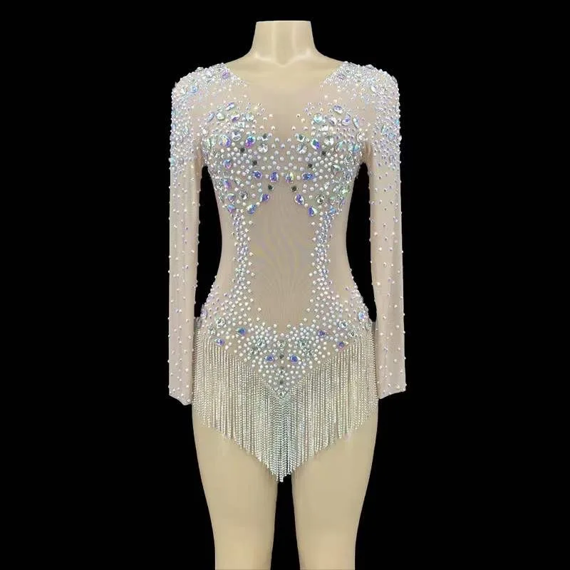 

Nude Shining Crystal Rhinestones Tassel Sexy Women Bodysuits Long Sleeves Leotard Pole Latin Jazz Female Clothing Stage Costume