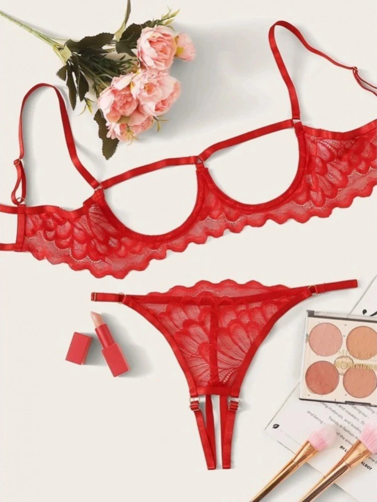 Women Lingerie Open Breast Steel Ring Bra Open Crotch Panties G-string Lace Sexy Push Up Lingerie Set