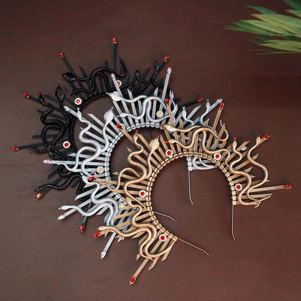 메두사 2025 그리스 신화 뱀 왕관 & 거룩한 헤일로 머리띠 - 수제 수지/플라스틱 헤어 액세서리