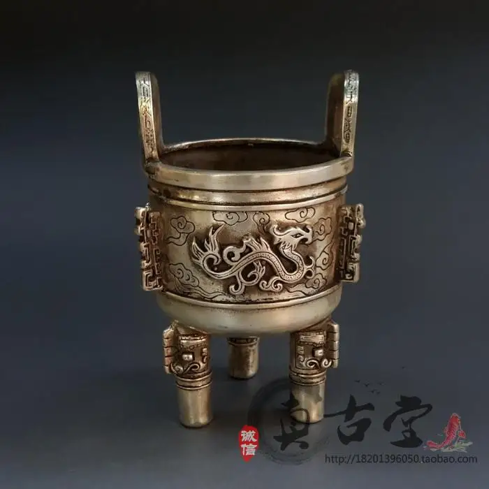 

Antique Bronze Ware, Brass Plated With Silver, White Copper, Three Legged Round Tripod Ornaments, Dragon Tripod Incense Burner D