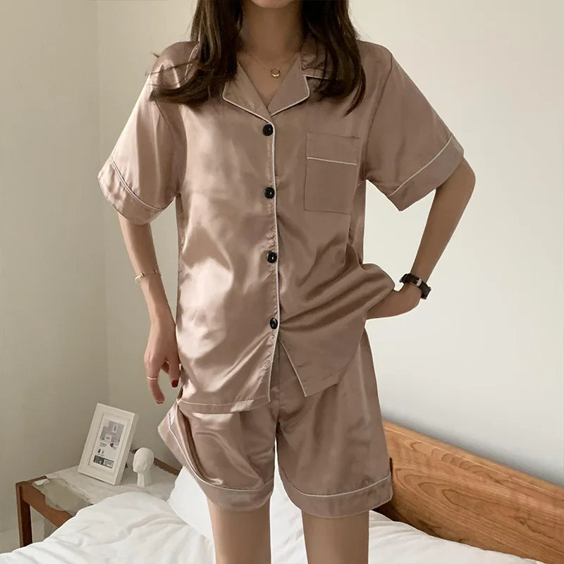Women's 2 Piece Pajamas Sets Turn Down Collar Faux Silk Satin Female Pijama Sleepwear Short Sleeve Shorts Loungewear Pyjama